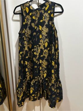 Anthropologie Black Dress with Metallic Gold Floral Detail